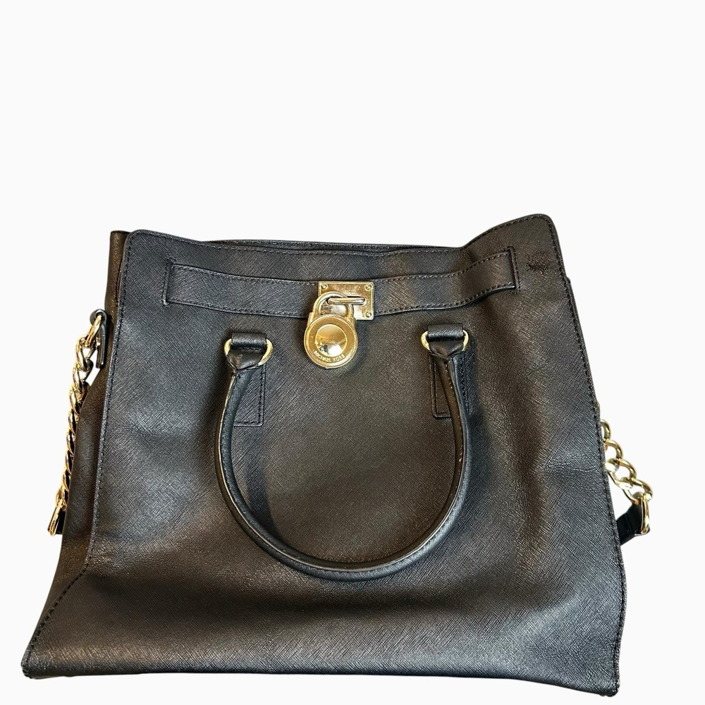Michael Kors Large Hamilton Soft Black Leather Gold-toned Hardware Satchel Bag